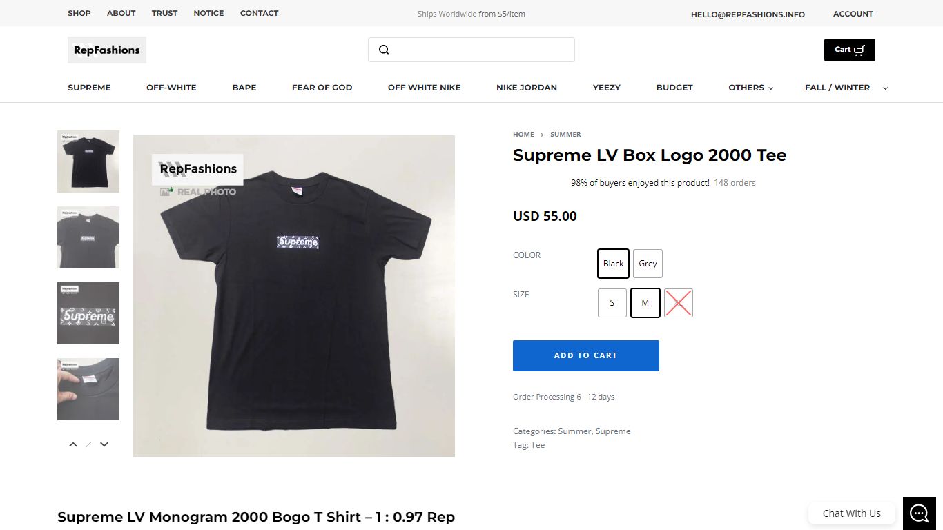 Best Quality Replica Supreme LV Box Logo 2000 Tee For Sale